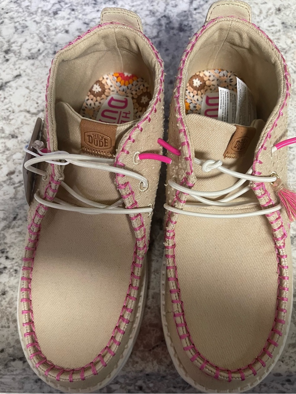 Women’s Hey Dude Canvas Mid Perf pink and cream canvas Booties